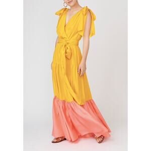 NWT J.Crew Silk Colorblock Maxi Tie Dress Yellow Coral Size 6